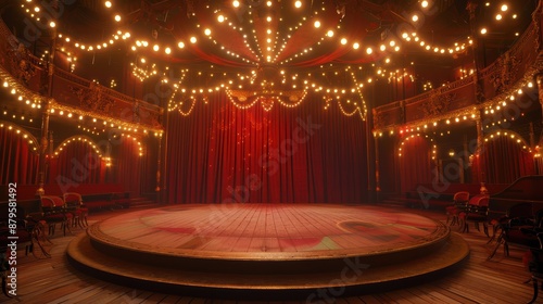 Fototapeta Naklejka Na Ścianę i Meble -  View of an empty circus stage illuminated by strings of lights with a red curtain in the background. The stage is ready for the performance to start