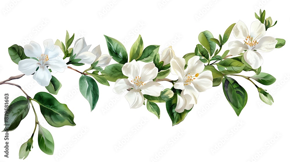 Watercolor Illustration of White Flowers and Green Leaves Watercolor Illustration of White Flowers and Green Leaves