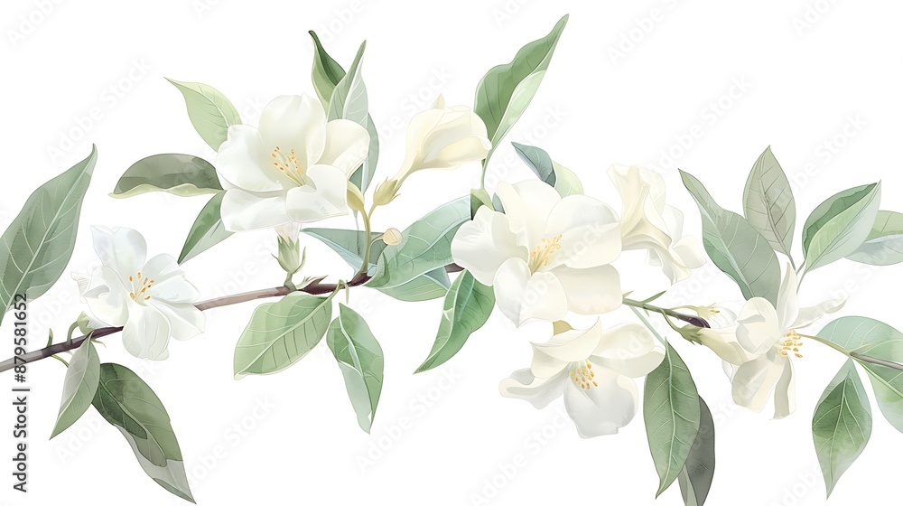 Obraz premium Watercolor Illustration of White Flowers and Green Leaves