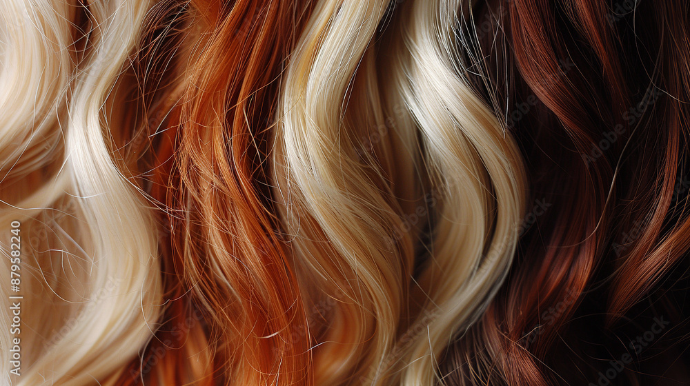 In a close-up shot, three strands of wavy hair display distinct colors--perhaps blonde, brunette, and red. This image captures the diverse beauty and texture of hair, showcasing its natural waves and In a close-up shot, three strands of wavy hair display distinct colors--perhaps blonde, brunette, and red. This image captures the diverse beauty and texture of hair, showcasing its natural waves and