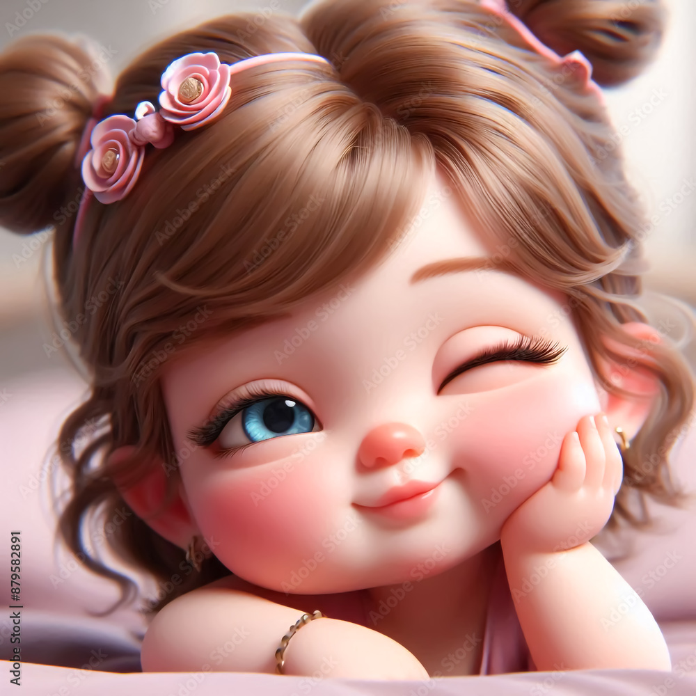 Cartoon portrait of a girl with big bright eyes, winking. Children's illustrations for books, cards or other uses Cartoon portrait of a girl with big bright eyes, winking. Children's illustrations for books, cards or other uses