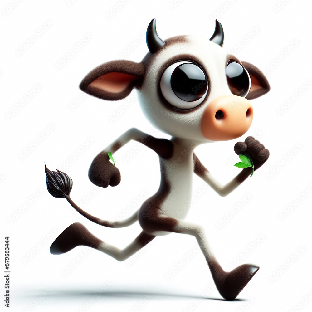 Fototapeta premium 3D cute slender and clumsy cow cartoon. Agriculture and farm animals illustration for children cards or books