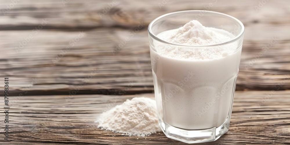 Closeup of collagen protein powder next to glass of water on wood. Concept Nutrition, Wellness, Collagen Supplements, Healthy Lifestyle, Hydration Closeup of collagen protein powder next to glass of water on wood. Concept Nutrition, Wellness, Collagen Supplements, Healthy Lifestyle, Hydration