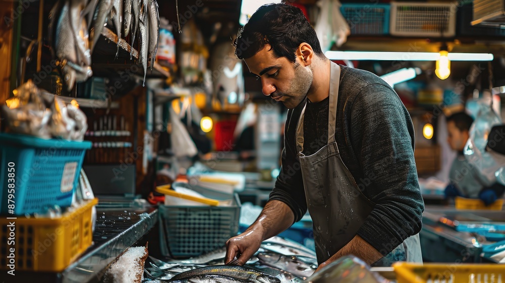 A man is working in a fish market, preparing fish for sale. The atmosphere is busy and bustling, with many fish and other items on display. The man is focused on his task A man is working in a fish market, preparing fish for sale. The atmosphere is busy and bustling, with many fish and other items on display. The man is focused on his task