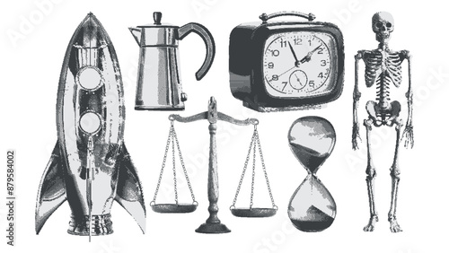 Rocket, hourglass, table clock, scales, kettle, skeleton. Contemporary Retro Surreal Collage Set. Trendy halftone clipping elements. Vintage psychedelic dotted stickers.