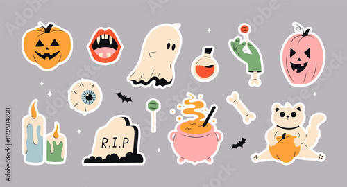 Happy Halloween set of elements, ghost, pumpkin, hat, candle, eye, grave and cat. Childish print for stickers, greeting card and decoration. Vector is cute illustration in hand drawn style. 