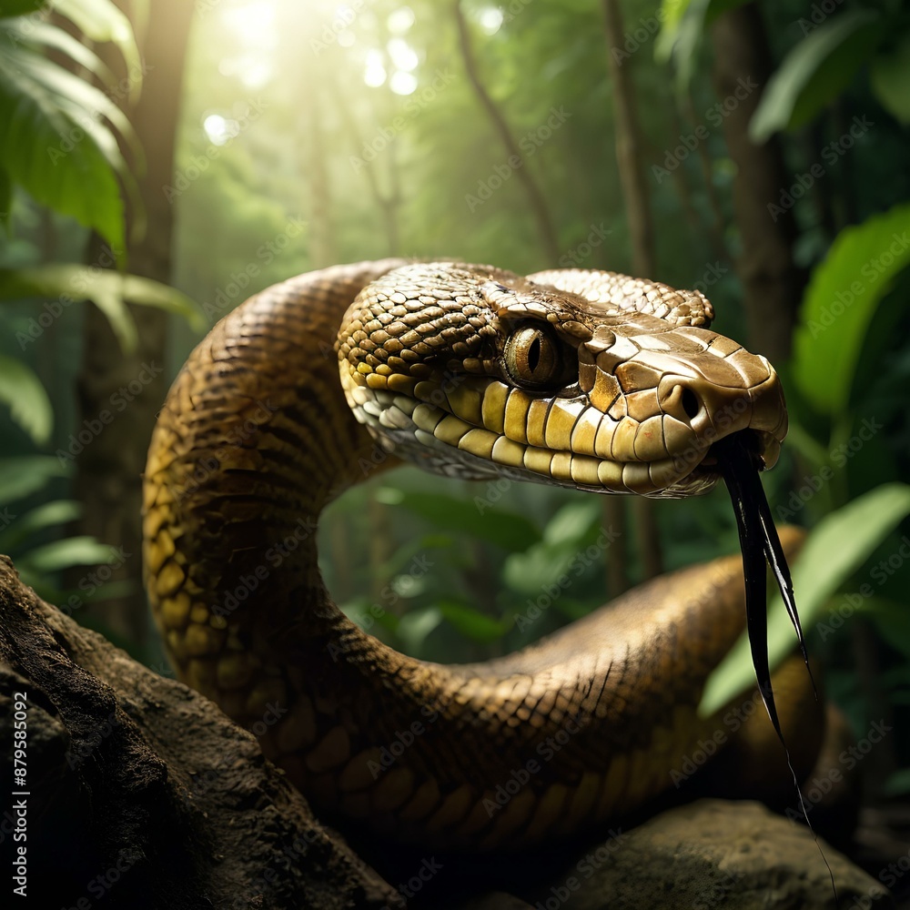 A cobra with its hood expanded, coiled and ready to strike in a dense jungle. A cobra with its hood expanded, coiled and ready to strike in a dense jungle.