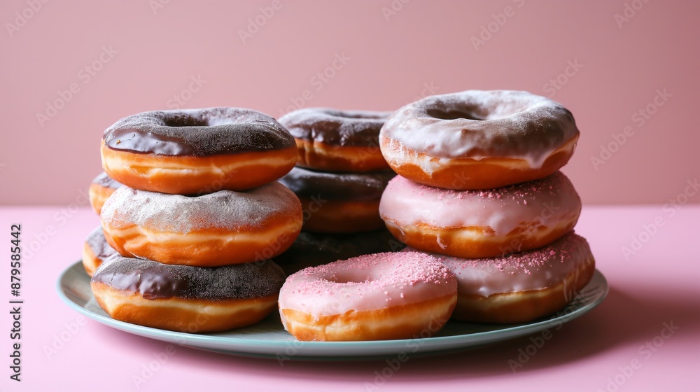 A stack of delicious assorted doughnuts on a plate A stack of delicious assorted doughnuts on a plate