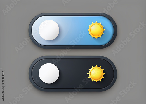 Modern toggle switch buttons for day and night mode, featuring light and dark themes, in a sleek material design style, perfect for digital interfaces and apps. photo