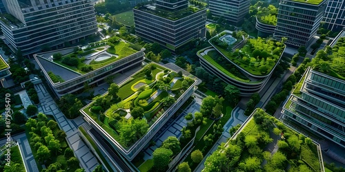 Sustainable urban architecture with green roofs solar panels and ecofriendly design. Concept Green Architecture, Urban Sustainability, Eco-friendly Design, Solar Panels, Green Roofs