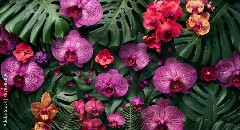 Fototapeta premium Vibrant Bloom of Purple Orchids, Potted Plants, Tropical Setting