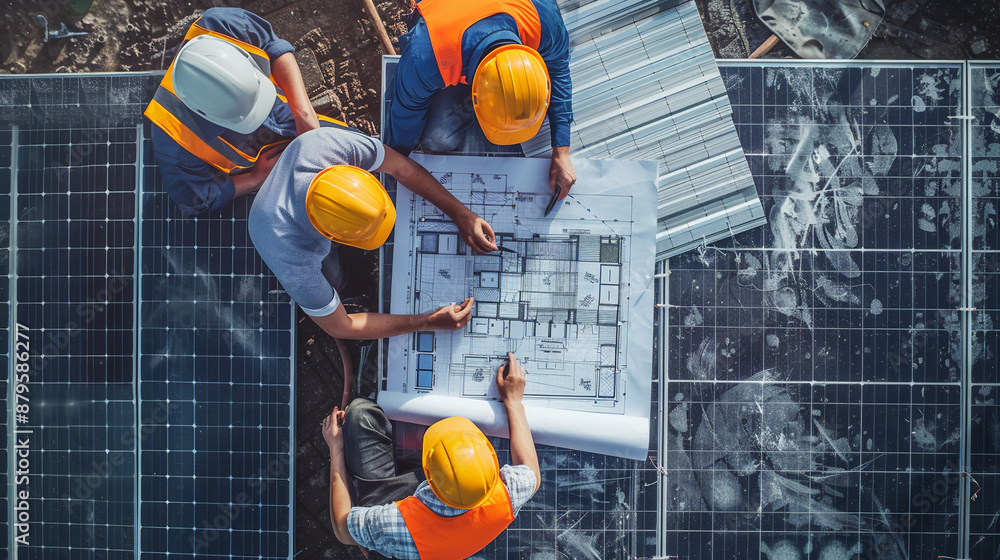 Top view of group of architect engineer working on solar panel and his blueprints with solar photovoltaic equipment and wind turbine on construction site. clean energy concept