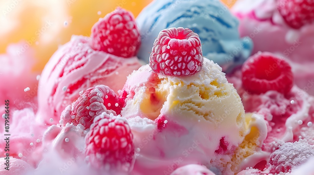 Close-up of various scoops of ice cream topped with raspberries and powdered sugar Close-up of various scoops of ice cream topped with raspberries and powdered sugar