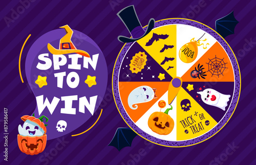 Halloween spin or fortune wheel roulette for prize win on trick or treat holiday, cartoon vector . Halloween horror night party game wheel of fortune or lucky spin with pumpkin, boo ghosts and spiders