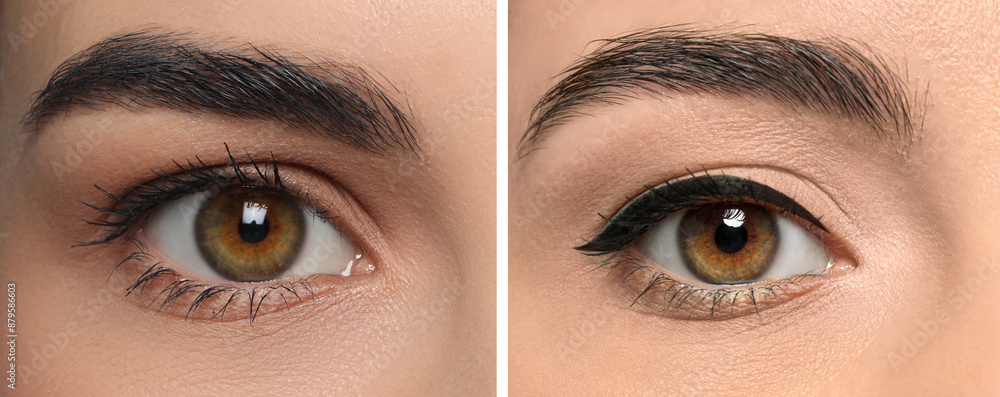 Fototapeta premium Beautiful woman before and after permanent eyeliner procedure, closeup. Collage of photos