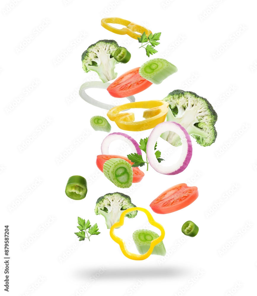 Fresh vegetables for salad in air on white background Fresh vegetables for salad in air on white background