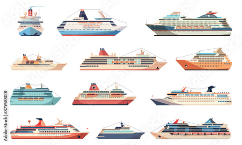 Travel cruise ship set. Large marine vessel. Cargo ships. Huge water transportation. Shipping boats. Isolated vector clipart collection