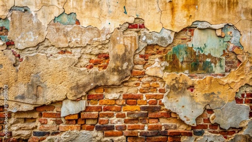 Faded, worn, and weathered ancient wall surface with peeling paint, cracks, and aged patina revealing underlying stone and mortar structure. photo