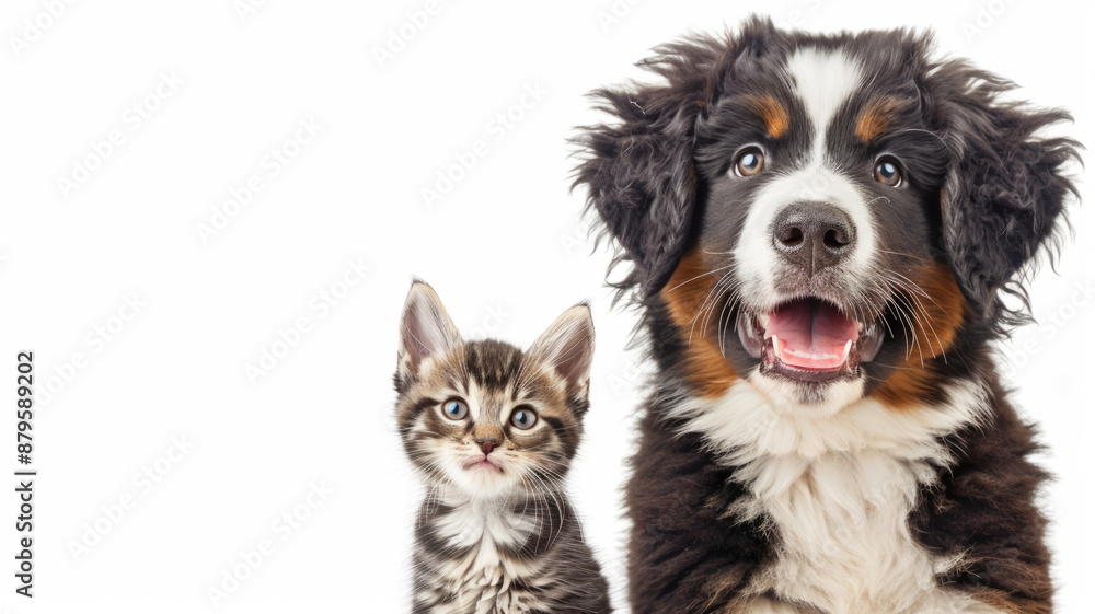 A photo of a pet cat and dog on a white background. a happy puppy of the Bernese Mountain Dog breed and a small gray striped kitten of the British shorthair breed. A photo of a pet cat and dog on a white background. a happy puppy of the Bernese Mountain Dog breed and a small gray striped kitten of the British shorthair breed.