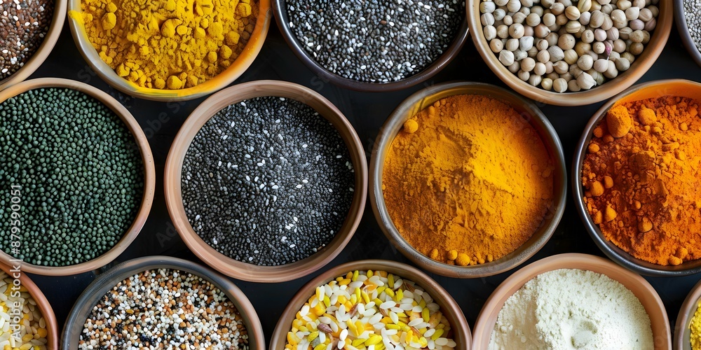 Topdown shot of assorted bowls filled with superfoods like turmeric and chia. Concept Food Photography, Topdown View, Assorted Bowls, Superfoods, Turmeric, Chia Seeds Topdown shot of assorted bowls filled with superfoods like turmeric and chia. Concept Food Photography, Topdown View, Assorted Bowls, Superfoods, Turmeric, Chia Seeds