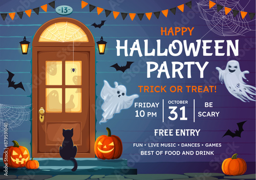 Halloween party flyer with black cat sitting on porch front of door, decorated with holiday garlands and pumpkins, spooky ghost and bats. Vector invitation poster for celebration trick or treat night