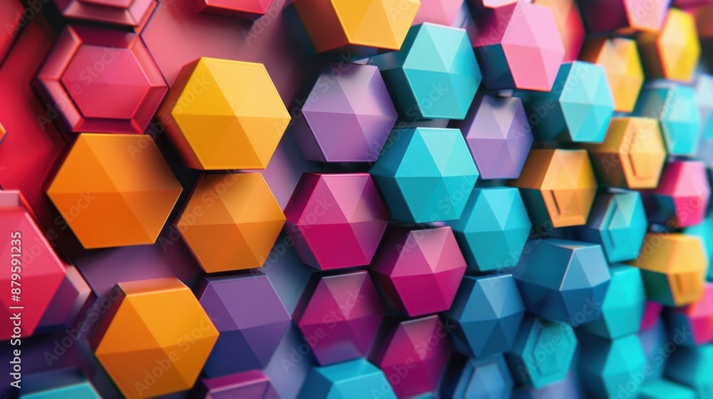 A flat design illustration featuring a 3D background with hexagons in bright and vibrant colors. The hexagons are arranged in a playful and dynamic pattern, making this design ideal for creative and A flat design illustration featuring a 3D background with hexagons in bright and vibrant colors. The hexagons are arranged in a playful and dynamic pattern, making this design ideal for creative and