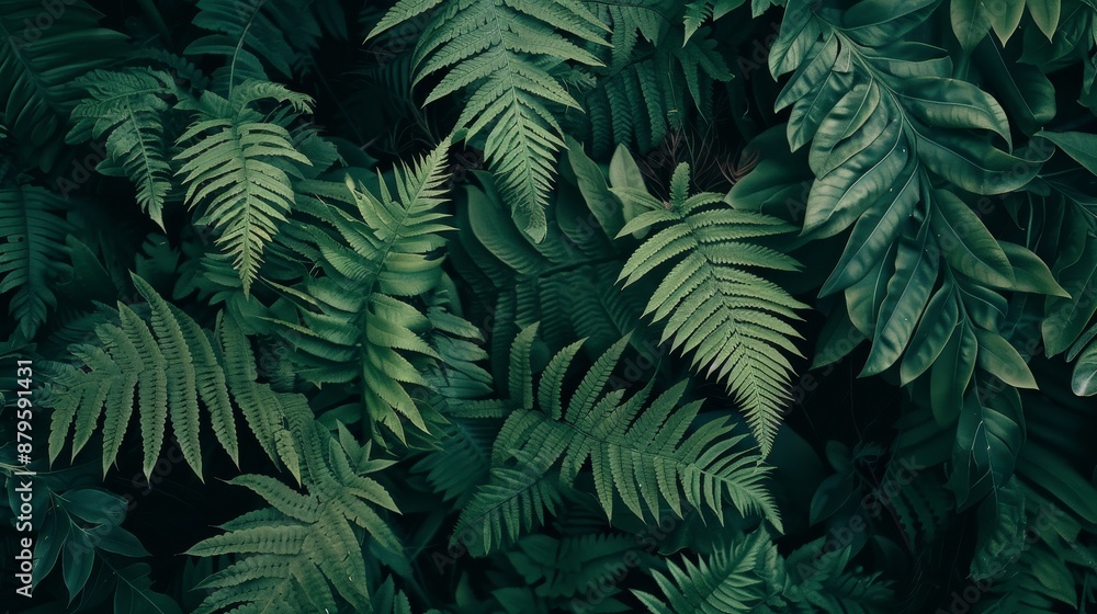 Forest with ferns and dark green foliage leaves on the background. Selective focus. Picture with film grain noise added. Forest with ferns and dark green foliage leaves on the background. Selective focus. Picture with film grain noise added.