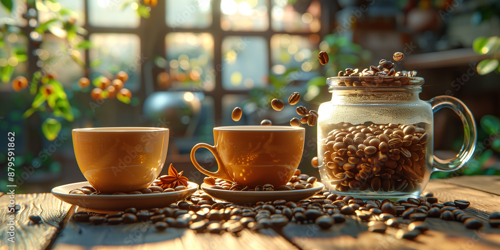 Fototapeta premium Two Cappuccino Cups on Rustic Wooden Surface with Coffee Beans