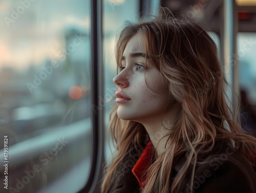 contemplative young woman gazing out train window during morning commute soft natural light illuminating her face urban scenery blurred in background Free Download contemplative young woman gazing out train window during morning commute soft natural light illuminating her face urban scenery blurred in background - GFXLoad