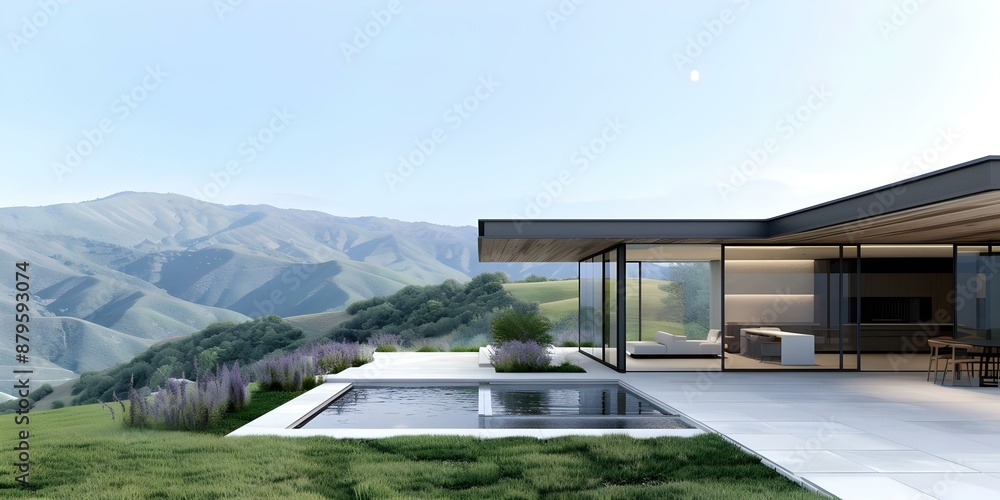 Obraz premium Contemporary hillside home with studio sliding glass doors and valley view. Concept Architecture, Hillside Home, Contemporary Design, Sliding Glass Doors, Valley View