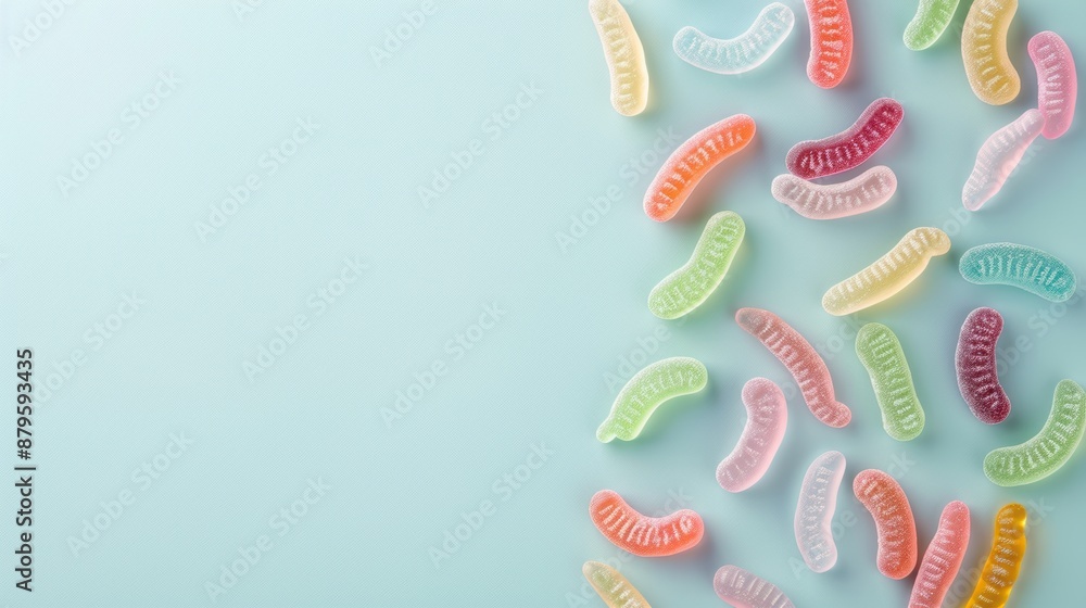 Playful arrangement of pastel gummy worms in fun poses, free space for text