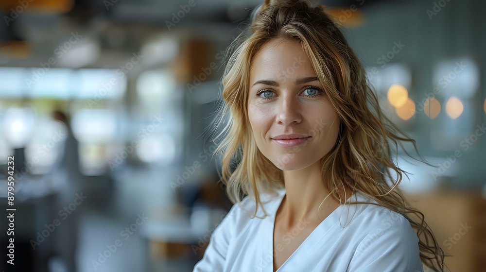 Fototapeta premium Portrait of a confident young woman in a professional setting, exuding poise and determination. Ideal for business blogs, career-related content, and advertisements promoting