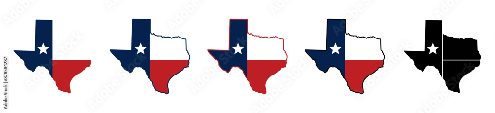 Set of Texas map icons outlined in line. Texas map icon with national flag, Outlined linear map of Texas. Symbol of Texas.