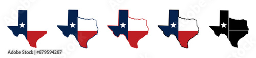 Obraz na płótnie Set of Texas map icons outlined in line. Texas map icon with national flag, Outlined linear map of Texas. Symbol of Texas. w salonie
