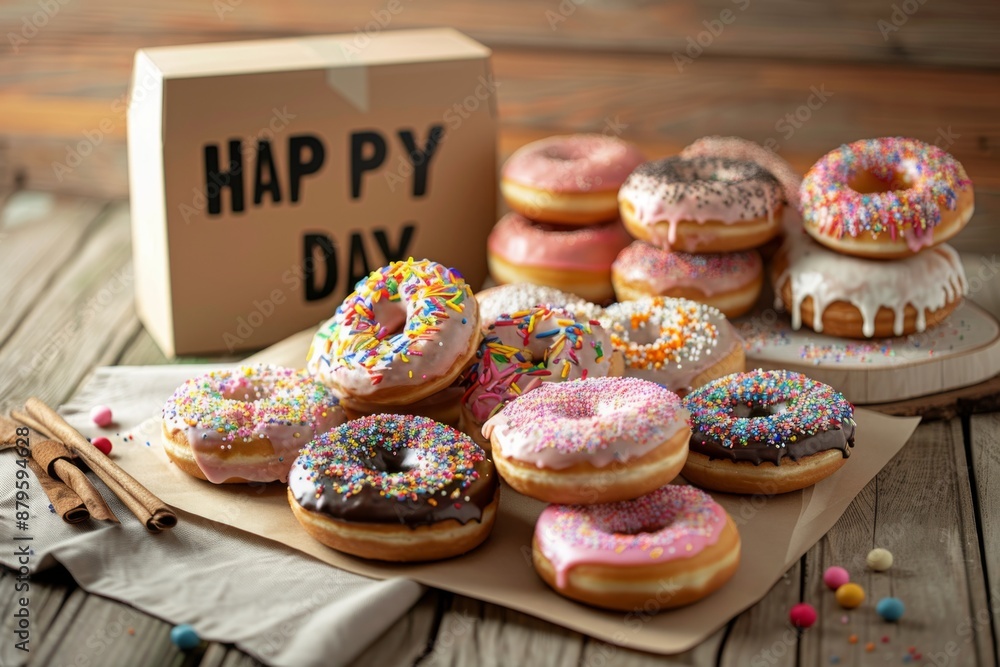 Cardboard of assorted donuts in the office with 'Happy Boss's Day' icing