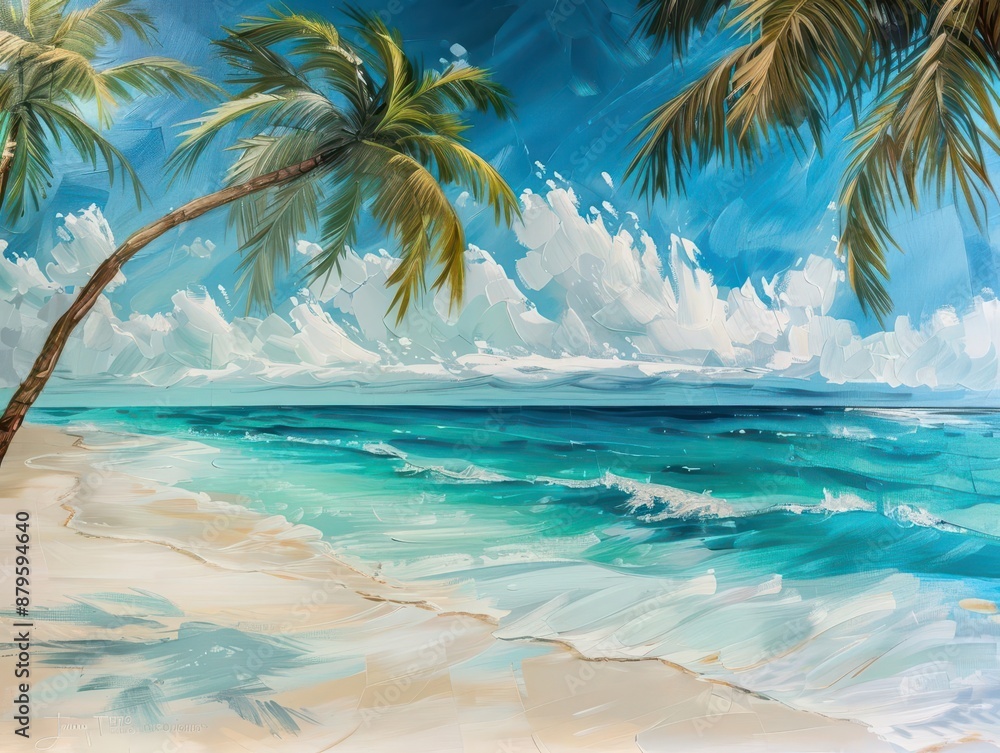 Obraz premium dreamy tropical beach scene with crystalclear turquoise water gently lapping at pristine white sand palm trees sway in the breeze framing a vibrant sunset sky