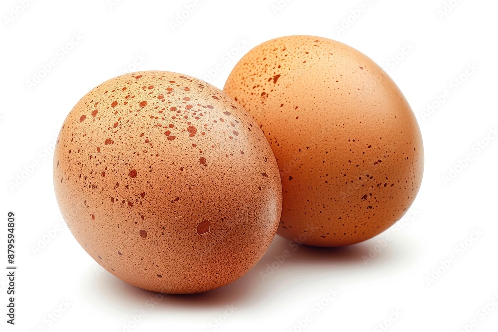 Two eggs with brown spots on them. The eggs are sitting on a white background. The eggs have a rustic, natural appearance Two eggs with brown spots on them. The eggs are sitting on a white background. The eggs have a rustic, natural appearance