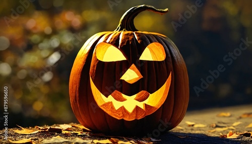 Halloween decoration with carved pumpkin photo