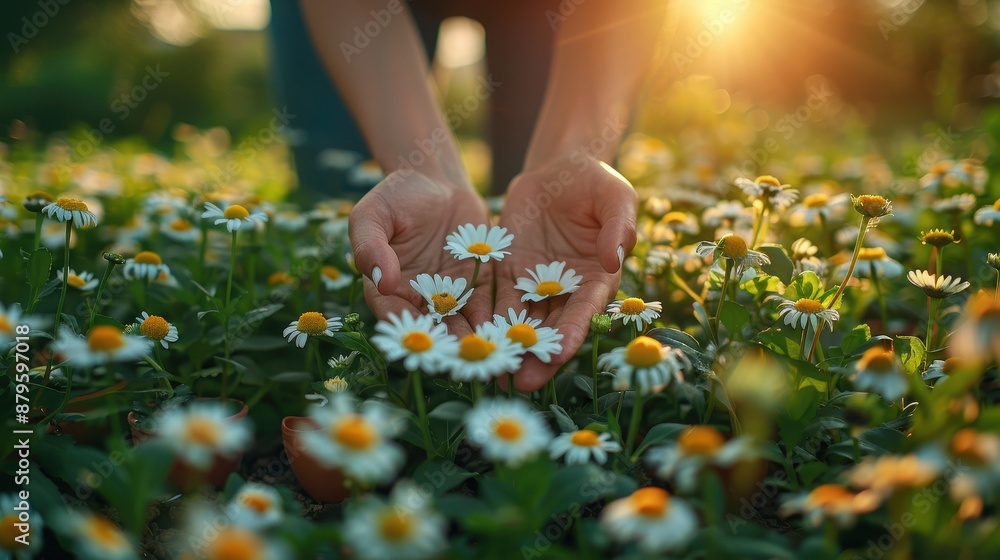 A pair of hands gently hold white daisies in a vibrant garden filled with blooming flowers under the warm sunlight, capturing the essence of nature and tranquility. A pair of hands gently hold white daisies in a vibrant garden filled with blooming flowers under the warm sunlight, capturing the essence of nature and tranquility.