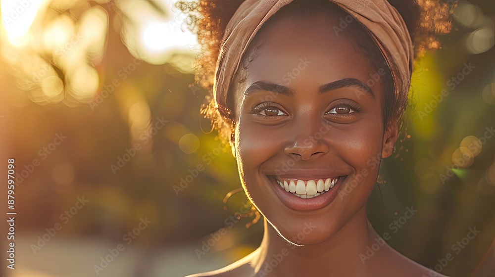 A woman with a brown headband is smiling. A woman with a brown headband is smiling.