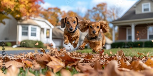 Dachshunds Leaping Through Autumn Leaves photo