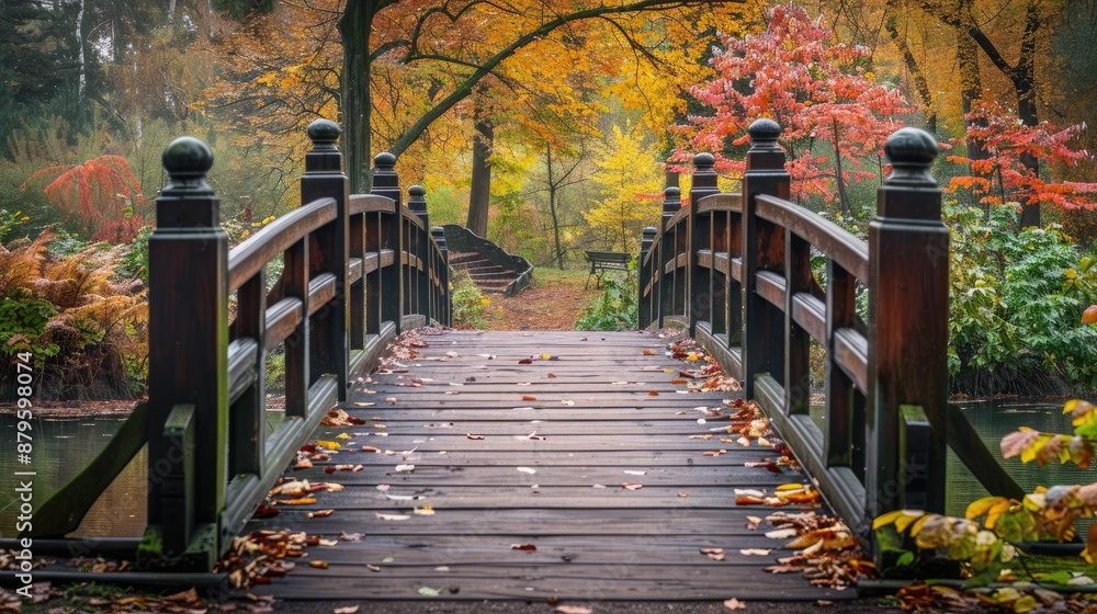 Obraz premium A bridge with a wooden deck and a path leading to it. The bridge is surrounded by trees and has a lot of leaves on it. The leaves are falling from the trees, creating a beautiful and serene atmosphere