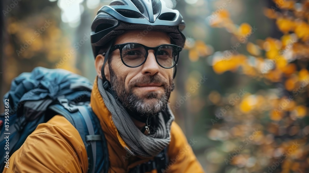 A man with glasses and a helmet rides his bike through an autumn woodland, dressed warmly in a jacket and scarf, surrounded by the serene beauty of fall foliage. A man with glasses and a helmet rides his bike through an autumn woodland, dressed warmly in a jacket and scarf, surrounded by the serene beauty of fall foliage.