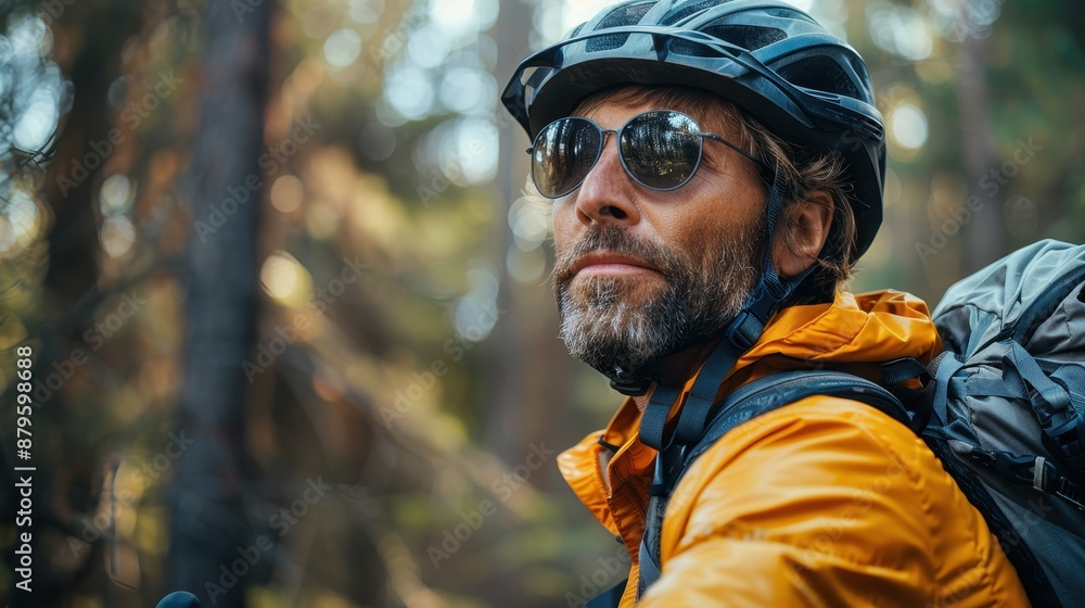 A man wearing a helmet, with a reflective jacket and backpack, stands in an autumn forest, looking ahead with determination amidst the vibrant fall colors. A man wearing a helmet, with a reflective jacket and backpack, stands in an autumn forest, looking ahead with determination amidst the vibrant fall colors.