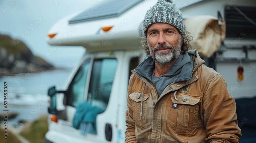 A mature man stands in front of his RV by the coast, wearing a knit beanie and a jacket, reflecting a sense of freedom and adventure in a serene outdoor environment. A mature man stands in front of his RV by the coast, wearing a knit beanie and a jacket, reflecting a sense of freedom and adventure in a serene outdoor environment.