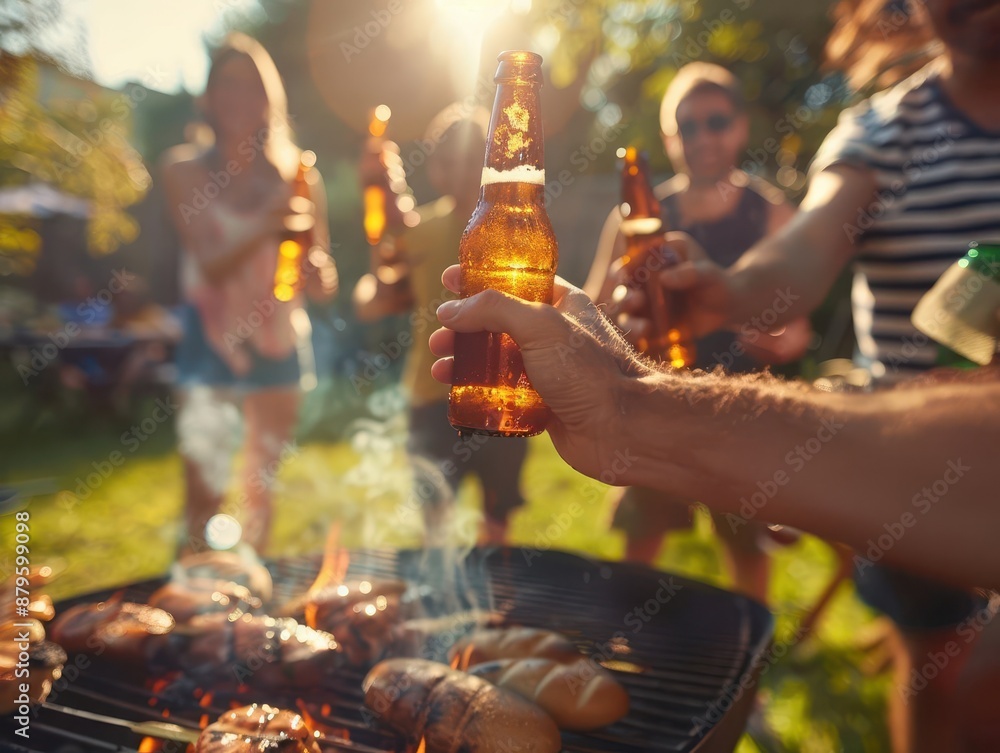 Fototapeta premium friends toasting with beer bottles at a lively summer barbecue closeup shot captures genuine smiles and clinking bottles with grill smoke and sunny backyard in soft focus