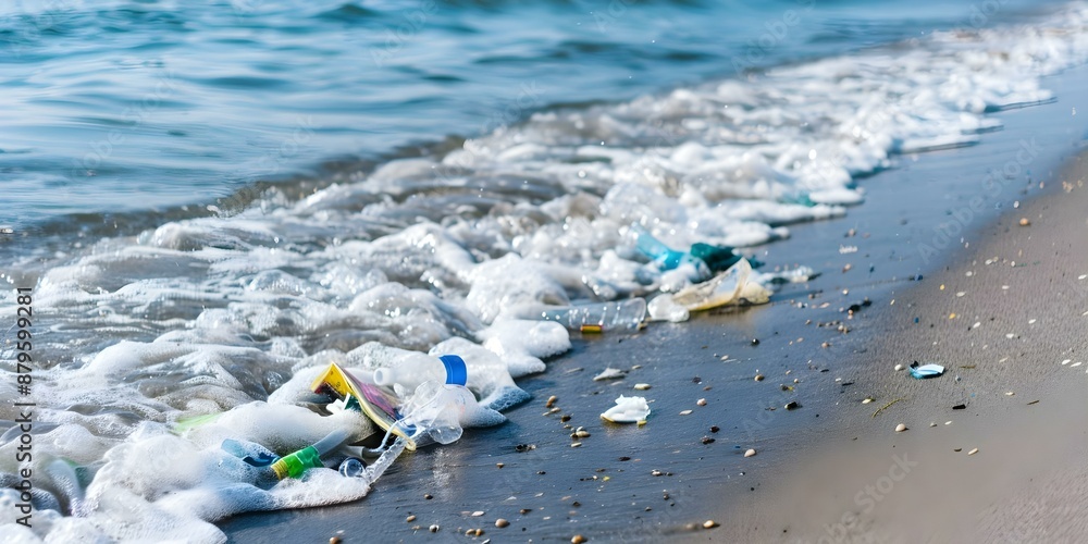 Obraz premium Toxic waste pollutes ocean contaminating water with harmful toxins and chemicals. Concept Pollution, Ocean Contamination, Toxic Waste, Environmental Impact, Harmful Toxins