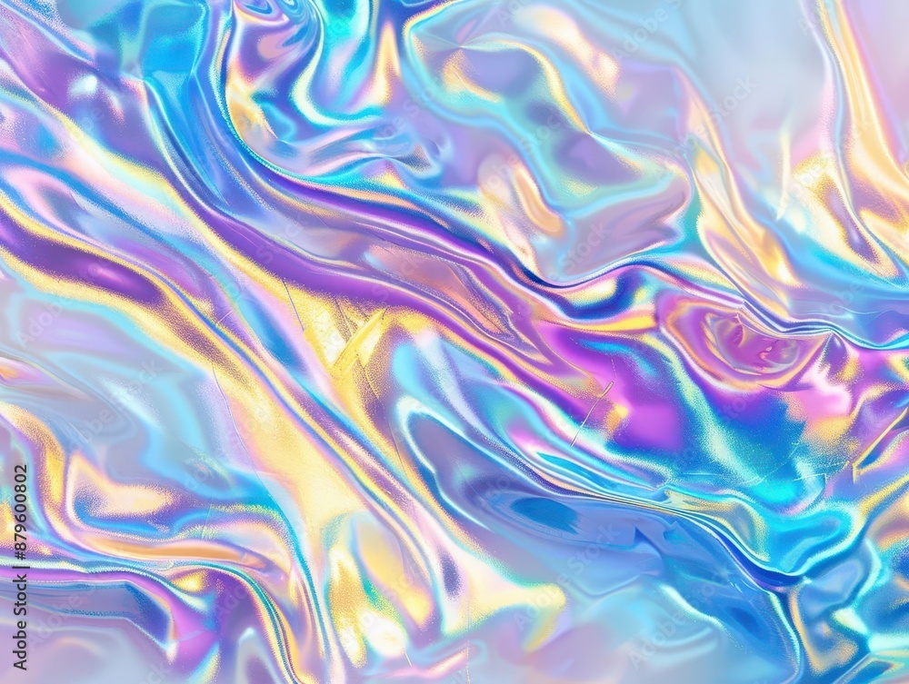 holographic abstract background shimmering waves of blue violet and yellow create mesmerizing iridescent effect trendy pastel hues blend in fluid dreamy patterns across metallic surface holographic abstract background shimmering waves of blue violet and yellow create mesmerizing iridescent effect trendy pastel hues blend in fluid dreamy patterns across metallic surface