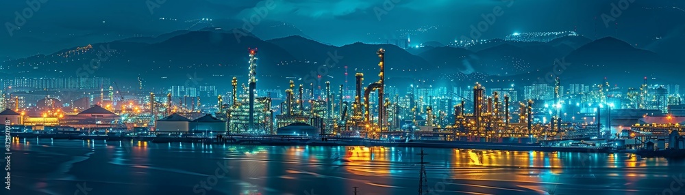 Fototapeta premium Refinery at Night, A brightly lit oil refinery at night, symbolizing the energy intensity and roundtheclock operations