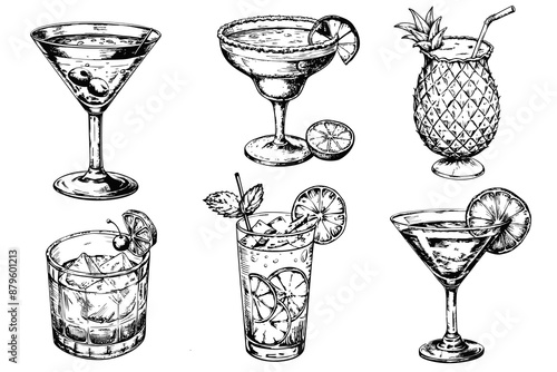 Set of sketches of fashionable cocktails on a white background